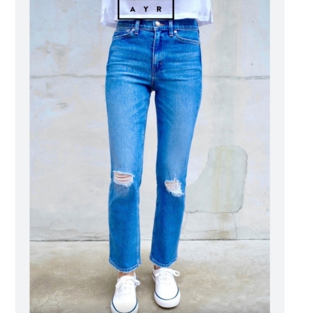 AYR High-Rise Straight Leg Jeans in Mid Blue with Knee Rips